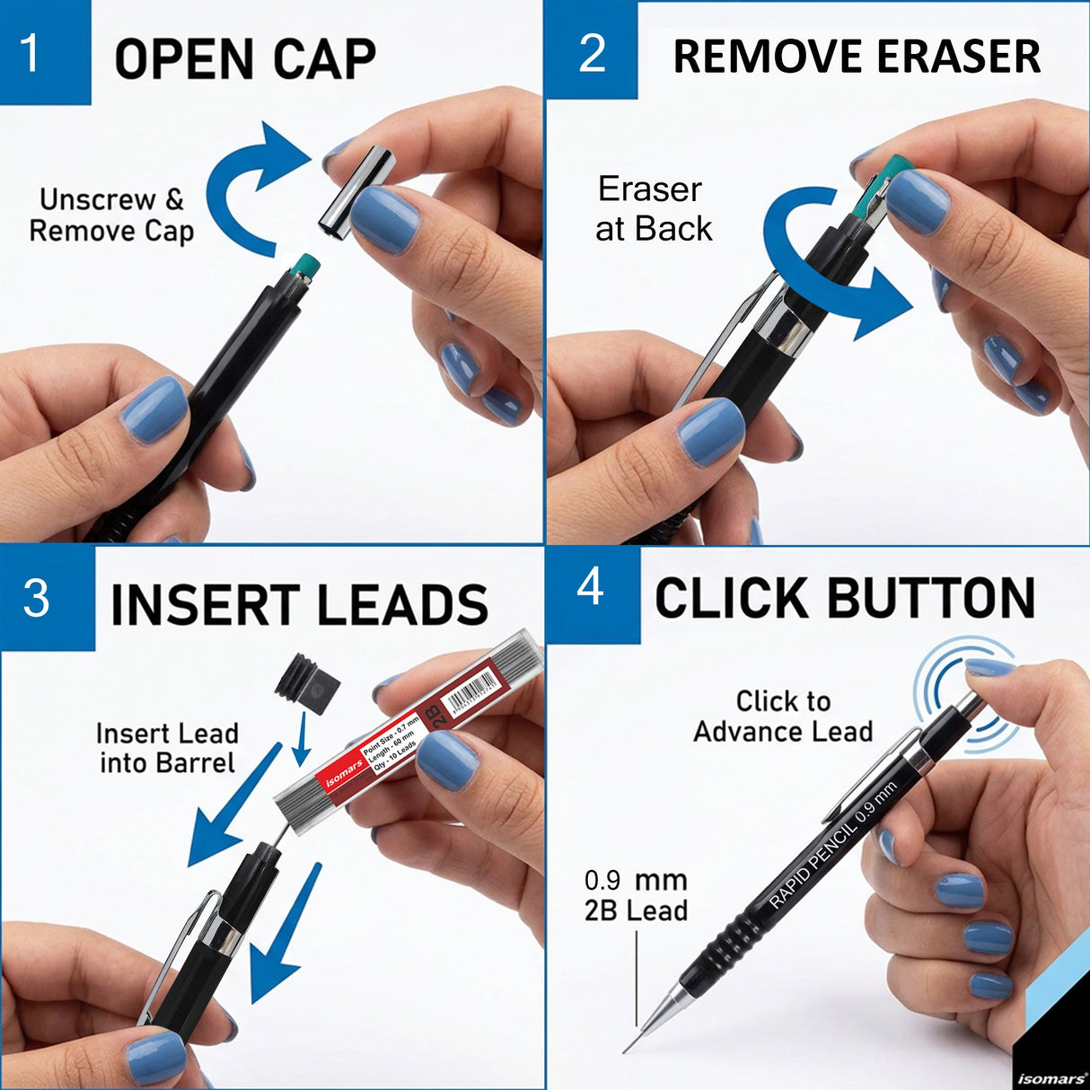 Isomars 0.9mm Mechanical Pencil with 10 Extra 2B Leads & Eraser | Rapid Drafting Pencil for Drawing, Sketching, Writing & Technical Drafting | For Students, Artists & Professionals - Isomars