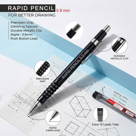 Isomars 0.9mm Mechanical Pencil with 10 Extra 2B Leads & Eraser | Rapid Drafting Pencil for Drawing, Sketching, Writing & Technical Drafting | For Students, Artists & Professionals - Isomars