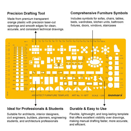 Isomars 1:200 Scale Architectural Drawing Template Stencil (Art 1877) | Furniture Symbols for House Floor Plans, Interior Design, Technical Drafting, Architecture & Engineering - Isomars