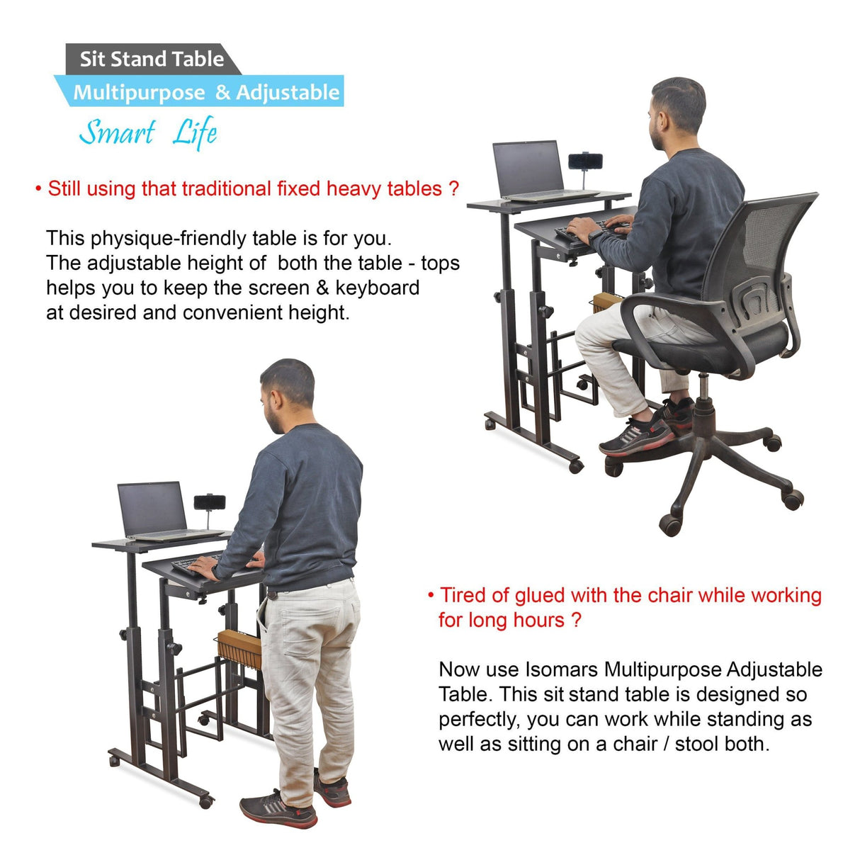 Isomars 24"/61cm Wide Made In India Desktop & Laptop Multipurpose Adjustable Table & Computer Workstation - Useful for Using Gadgets Like Desktop, Laptop etc (Black) - Isomars