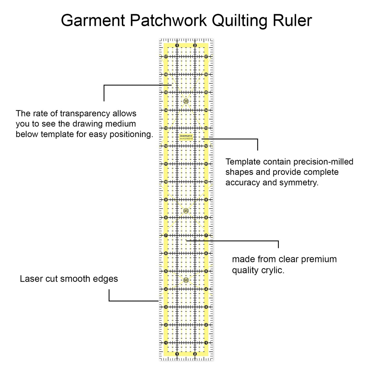 Isomars 3 x 18 Inch Acrylic Quilting Ruler for Sewing & Patchwork - Isomars