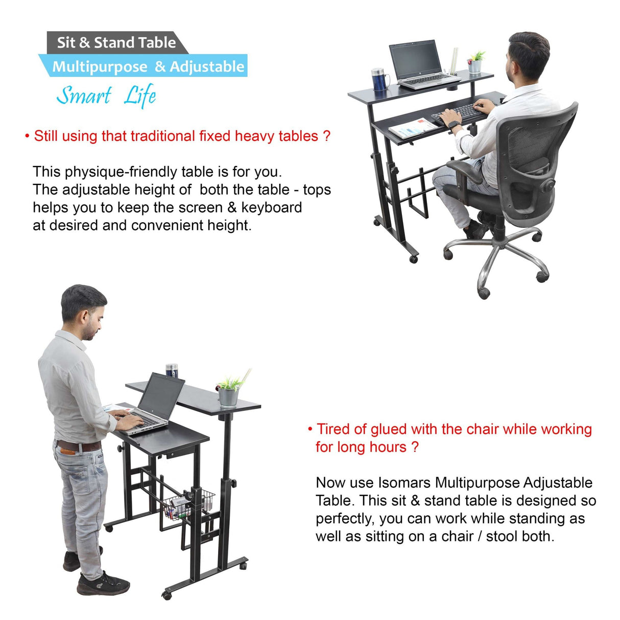 Isomars 36"/92Cm Wide Made In India Desktop & Laptop Adjustable Table & Computer Workstation - Useful For Using Gadgets Like Desktop, Laptop, Tab/Ipad, Mobile Phone Etc (Black) - Engineered Wood - Isomars