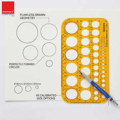 Isomars 45 Circles Drawing Template Stencil | Metric Circle Drafting Template with Built-in Scale | Transparent Plastic Geometry Drawing Tool for Architects, Engineers, Designers, Artists & Students - Isomars