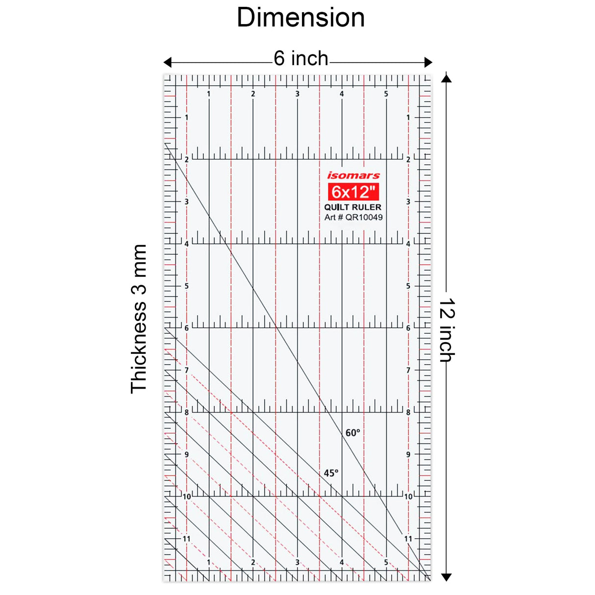 Isomars 6 x 12 Inch Acrylic Quilt Ruler for Sewing & Fabric Cutting - Isomars