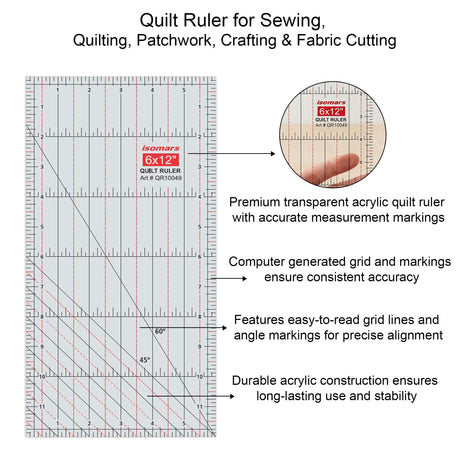 Isomars 6 x 12 Inch Acrylic Quilt Ruler for Sewing & Fabric Cutting - Isomars