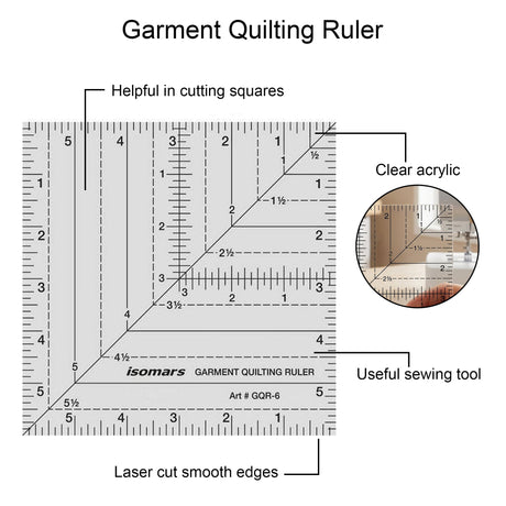 Isomars 6" x 6" Garment Quilting Ruler for Cutting & Patchwork - Isomars