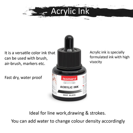 Isomars Acrylic Ink Black Set of 2, 35ml Each with Dropper - Isomars