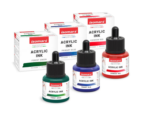 Isomars Acrylic Ink Set of 3: Crimson Red, Forest Green, Primary Blue - Isomars