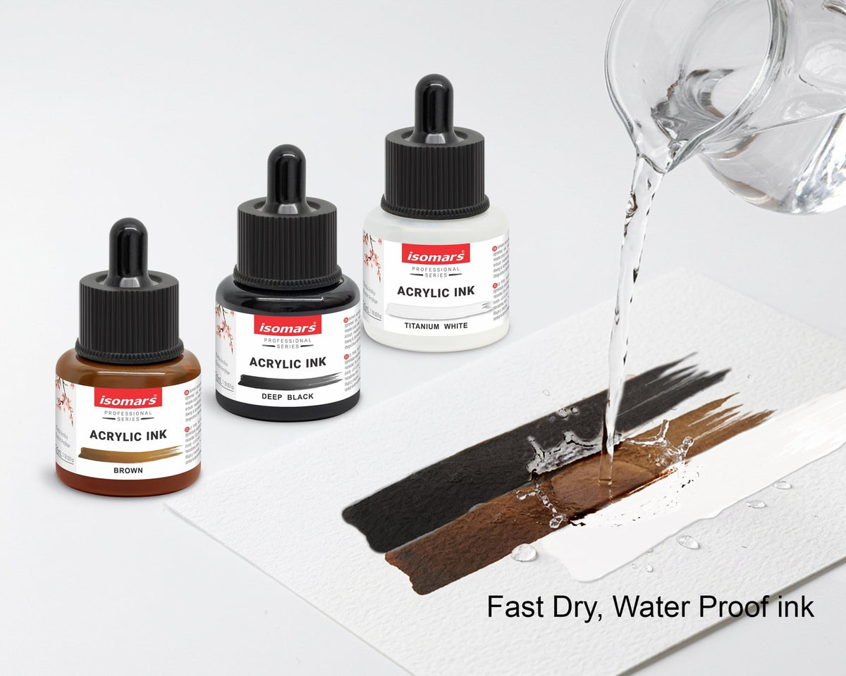 Isomars Acrylic Ink Set of 3: Deep Black, Titanium White, Brown - Isomars