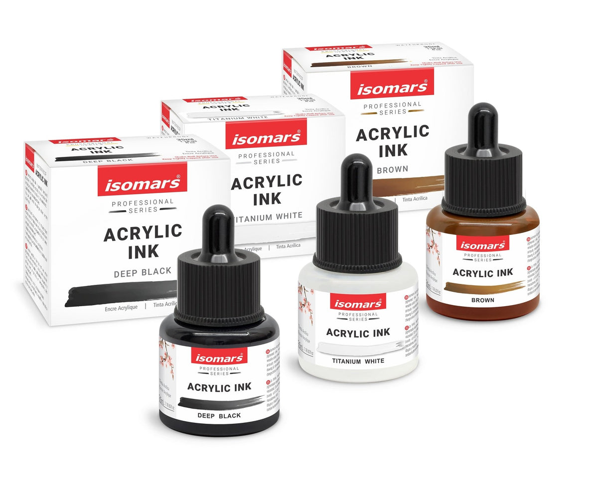 Isomars Acrylic Ink Set of 3: Deep Black, Titanium White, Brown - Isomars