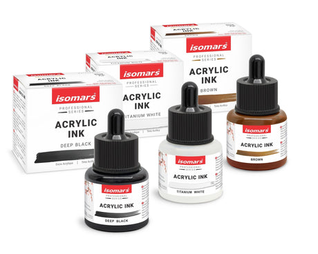 Isomars Acrylic Ink Set of 3: Deep Black, Titanium White, Brown - Isomars