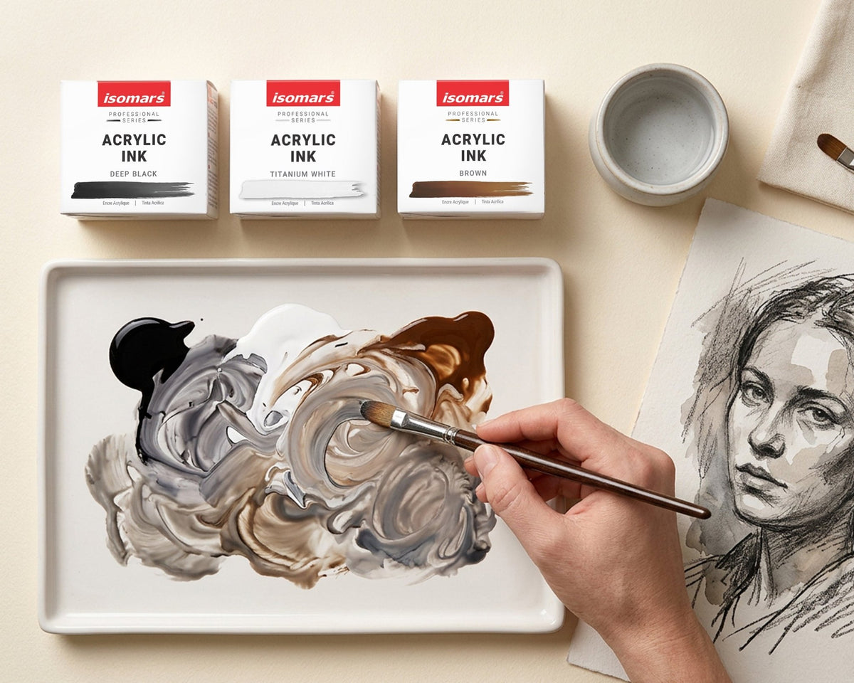 Isomars Acrylic Ink Set of 3: Deep Black, Titanium White, Brown - Isomars