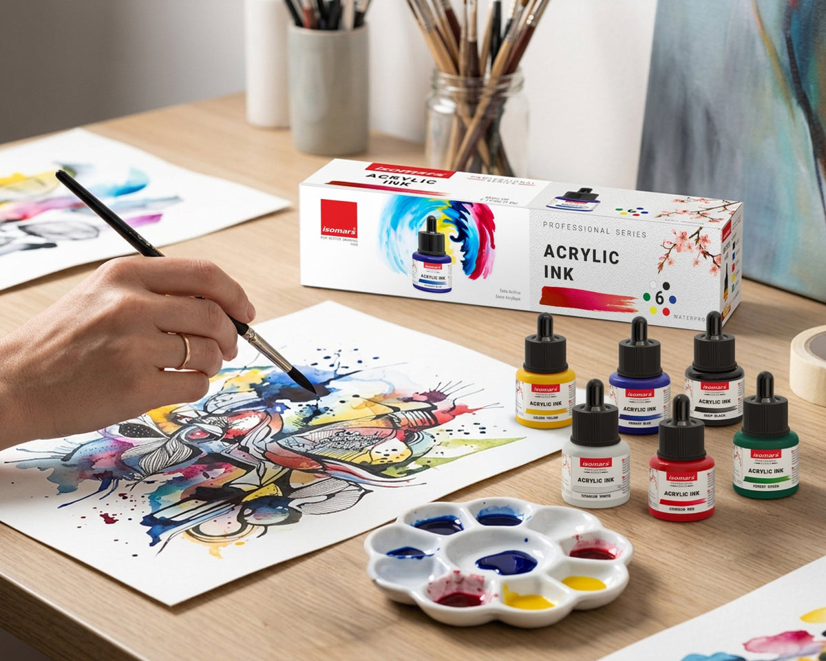Isomars Acrylic Ink Set of 6 Colors, 35 ml Each, Waterproof Fast Dry - Isomars