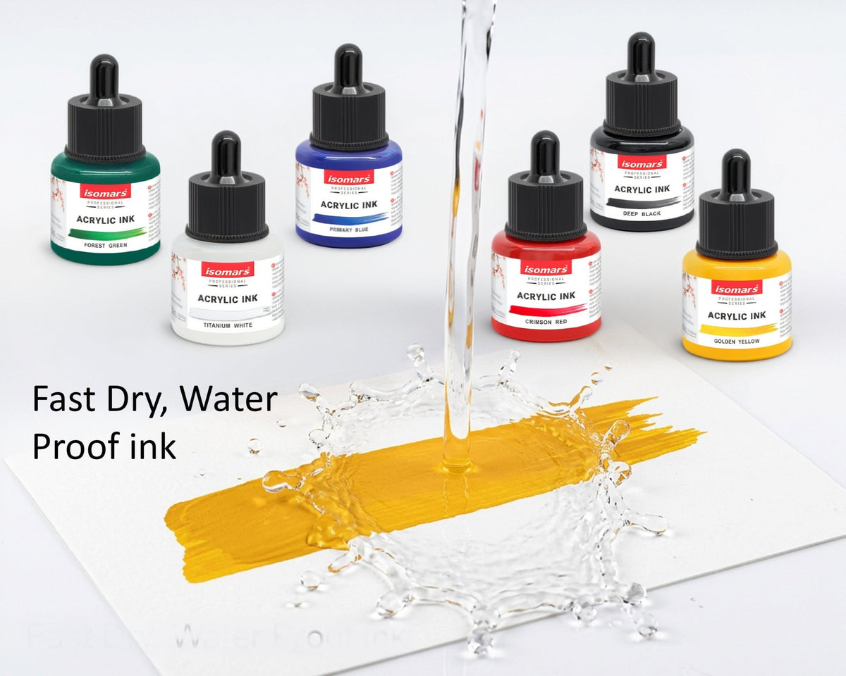 Isomars Acrylic Ink Set of 6 Colors, 35 ml Each, Waterproof Fast Dry - Isomars