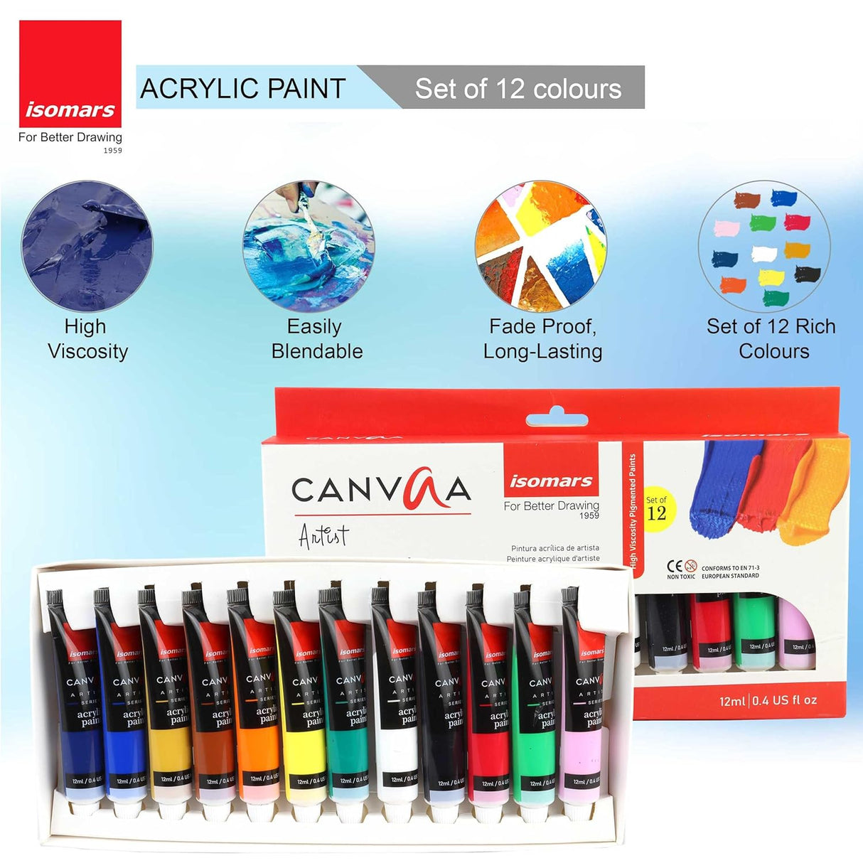 Isomars Acrylic Paint 12ml - Set of 12 Vibrant Pigminted & Fadeproof Colours 4 - Includes Round Canvaa Brush - Set of 4 ARTIST SERIES - For Canvas Painting, Scrap Book, Paper Board, Wood & Terracotta - Isomars