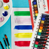 Isomars Acrylic Paint 12ml - Set of 12 Vibrant Pigminted & Fadeproof Colours 4 - Includes Round Canvaa Brush - Set of 4 ARTIST SERIES - For Canvas Painting, Scrap Book, Paper Board, Wood & Terracotta - Isomars