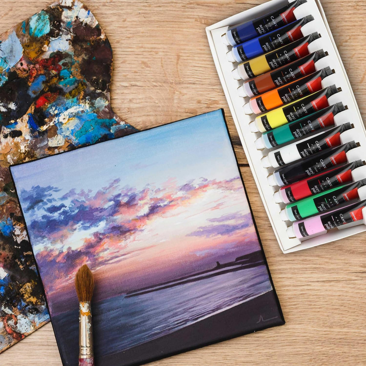 Isomars Acrylic Paint 12ml - Set of 12 Vibrant Pigminted & Fadeproof Colours 4 - Includes Round Canvaa Brush - Set of 4 ARTIST SERIES - For Canvas Painting, Scrap Book, Paper Board, Wood & Terracotta - Isomars