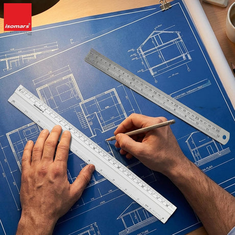 Isomars Aluminium Cutting Rulers Combo Set of 2 (12 Inch & 24 Inch) | Metal Cutting Scale with Inch & CM Markings | Non-Slip Edge for Precision Cutting, Drafting, Measuring & Craft Work - Isomars