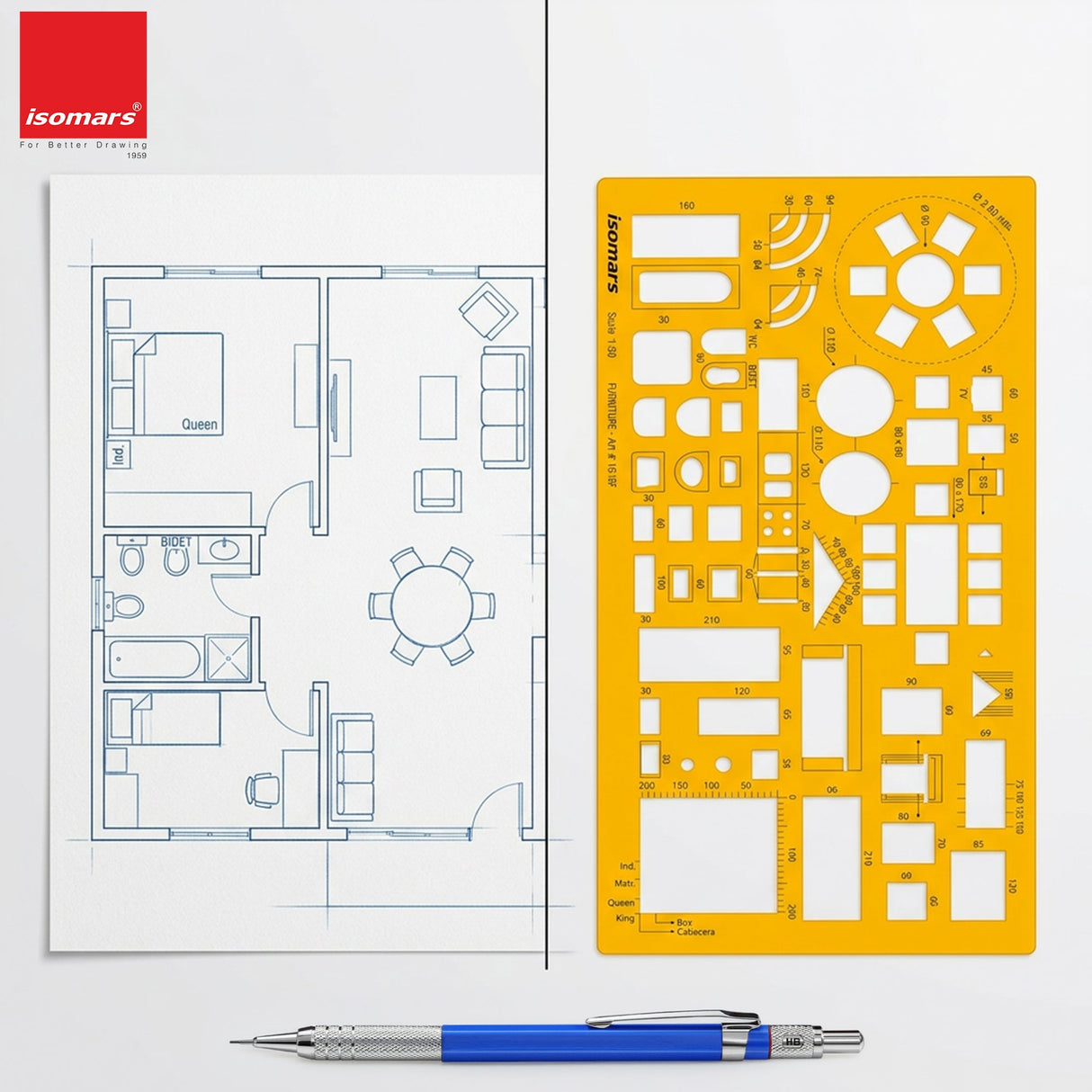 Isomars Architect Furniture Template Scale 1:50 | Professional Interior Design & Furniture Layout Drafting Stencil | Transparent Drawing Template for Architects, Interior Designers, Engineers & Students - Isomars