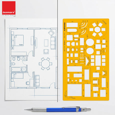 Isomars Architect Furniture Template Scale 1:50 | Professional Interior Design & Furniture Layout Drafting Stencil | Transparent Drawing Template for Architects, Interior Designers, Engineers & Students - Isomars