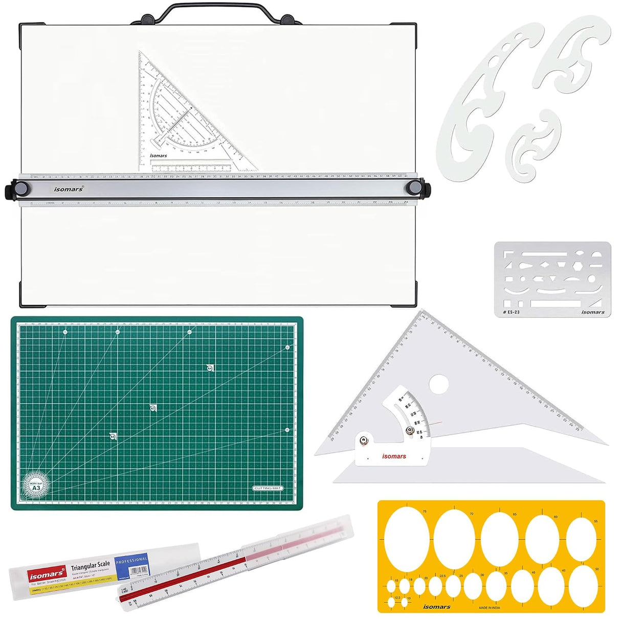 Isomars Architect Kit Combo - Drafting Board-A2 with Cutting Mat-A3, Adjustable, Triangular Scale, French Curve, Erasing Shield and Oval Template | Ideal For Students & Professionals - Isomars