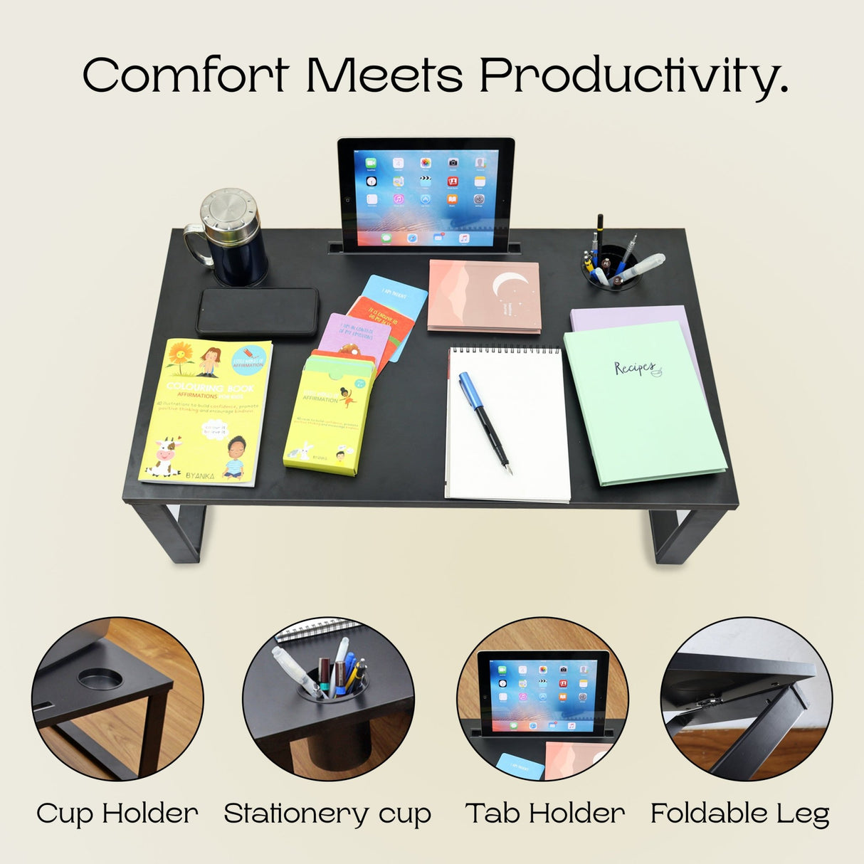 Isomars Bed Desk/Floor Desk Laptop Study Table for Work from Home, Online Classes, Card Games and Kid's Activities (Black - Extra Large) - Isomars