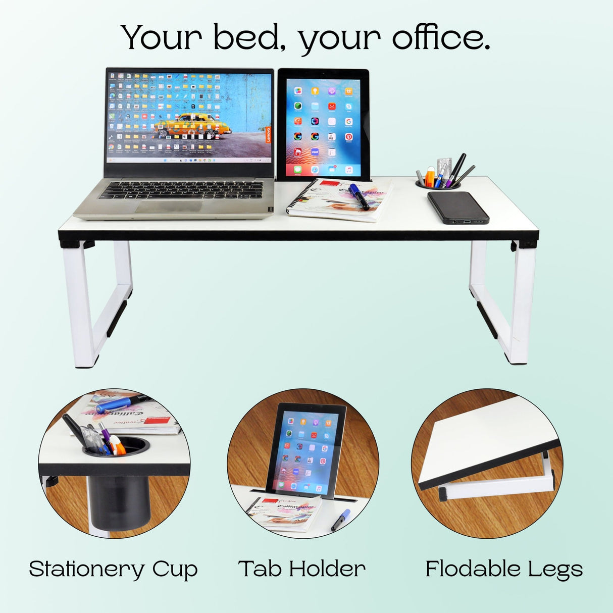Isomars Bed Desk/Floor Desk Laptop Study Table for Work from Home, Online Classes, Card Games and Kid's Activities (White) - Isomars