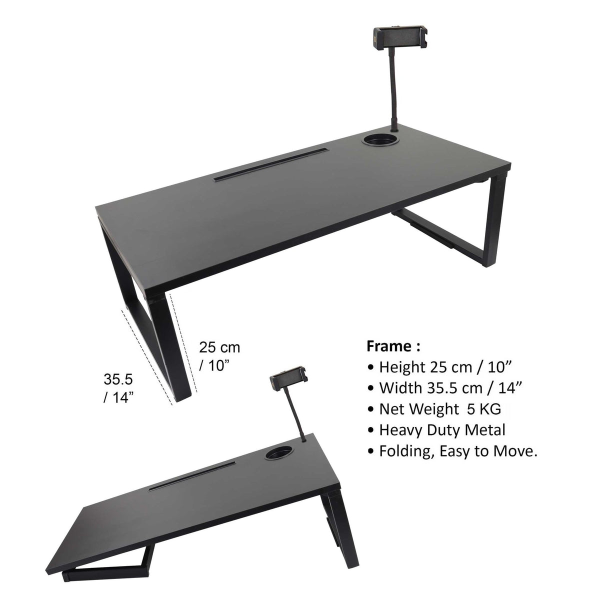 Isomars Bed Desk/Floor Desk with Mobile Holder 76cm x 35.5cm (30" x 14") Laptop Study Table for Work from Home, Online Classes, Card Games and Kid's Activities (Black) - Isomars