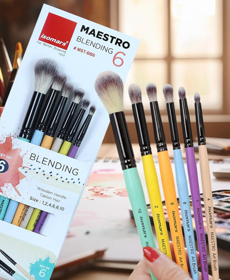 Isomars Blending Brush Set of 6 - Professional Round Artist Brushes for Soft Blending, Shading and Transitions - Ideal for Watercolor, Acrylic, Gouache, and Ink - Sizes 1, 2, 4, 6, 8, 10 - Isomars