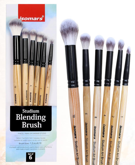 Isomars Blending Brush Studium - Set of 6 - Professional Artist Brushes for Soft Blending & Shading Ideal for Watercolor, Acrylic, Oil Painting and Ink Transitions - Sizes - 1,2,4,6,8,10 - Isomars