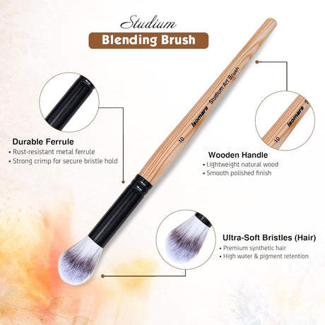 Isomars Blending Brush Studium - Set of 6 - Professional Artist Brushes for Soft Blending & Shading Ideal for Watercolor, Acrylic, Oil Painting and Ink Transitions - Sizes - 1,2,4,6,8,10 - Isomars