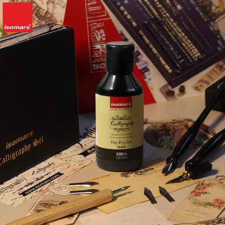 ISOMARS Calligraphy Dip Pen Ink Black, 100ml, Rich Pigmented Ink - Isomars
