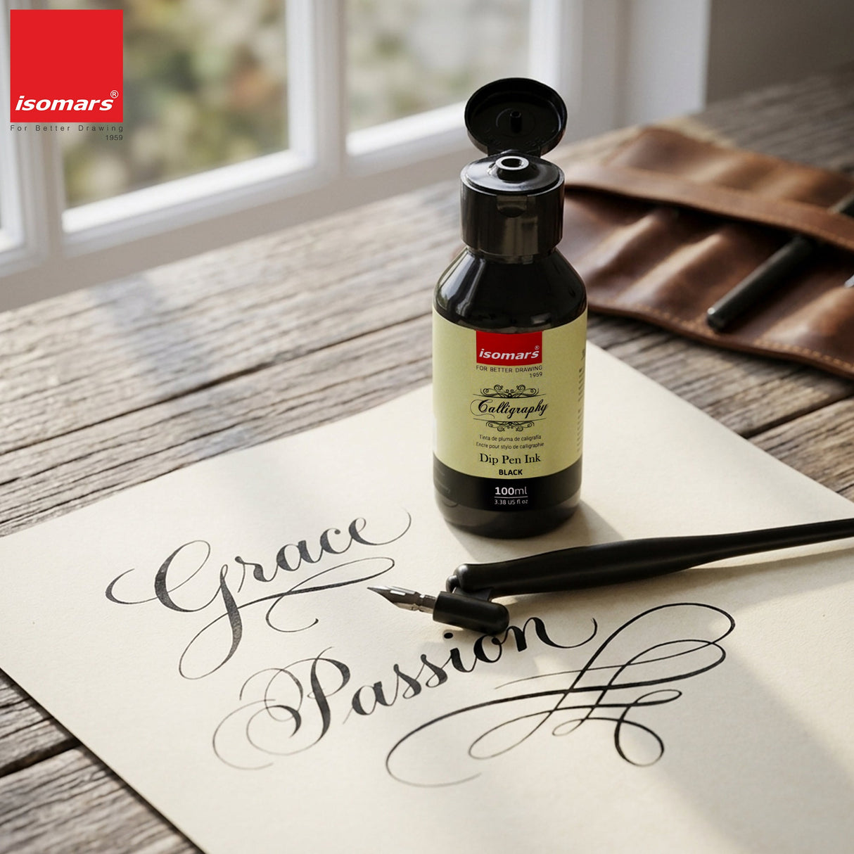 ISOMARS Calligraphy Dip Pen Ink Black, 100ml, Rich Pigmented Ink - Isomars