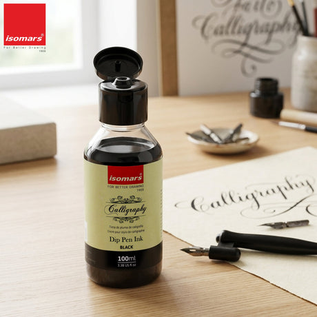 ISOMARS Calligraphy Dip Pen Ink Black, 100ml, Rich Pigmented Ink - Isomars