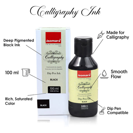 ISOMARS Calligraphy Dip Pen Ink Black, 100ml, Rich Pigmented Ink - Isomars