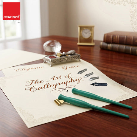 Isomars Calligraphy Dip Pen Set with 4 Nibs & Brass Flange Holder for Copperplate, Spencerian, Arabic & Gothic calligraphy - Isomars