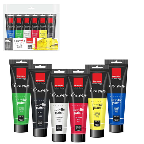Isomars Canvaa Acrylic Paint 100ml - Set of 6 Vibrant Pigmented & Fadeproof Colors - ARTIST SERIES - For Canvas Painting, Scrap Book, Paper Board, Wood & Terracotta - Isomars