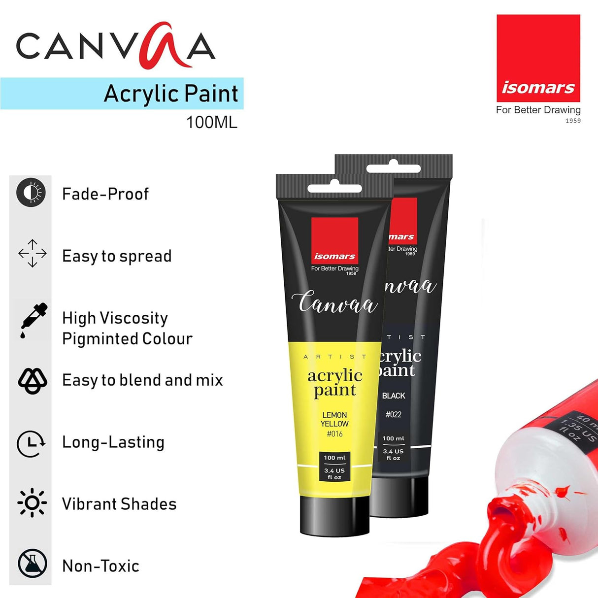 Isomars Canvaa Acrylic Paint 100ml - Set of 6 Vibrant Pigmented & Fadeproof Colors - ARTIST SERIES - For Canvas Painting, Scrap Book, Paper Board, Wood & Terracotta - Isomars