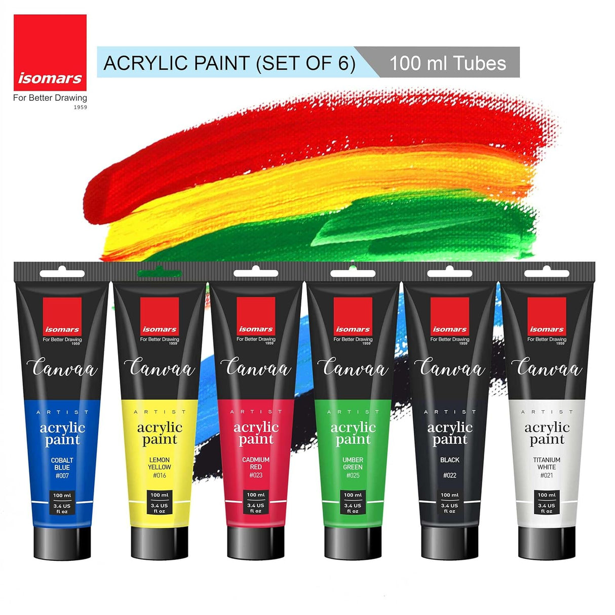 Isomars Canvaa Acrylic Paint 100ml - Set of 6 Vibrant Pigmented & Fadeproof Colors - ARTIST SERIES - For Canvas Painting, Scrap Book, Paper Board, Wood & Terracotta - Isomars