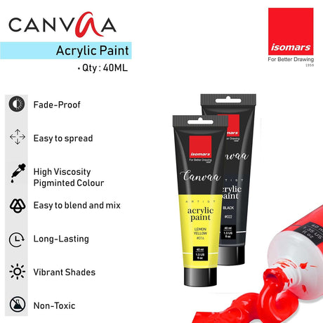 Isomars Canvaa Acrylic Paint 40ml - Set of 6 Vibrant Pigmented & Fadeproof Colors - ARTIST SERIES - For Canvas Painting, Scrap Book, Paper Board, Wood & Terracotta - Isomars