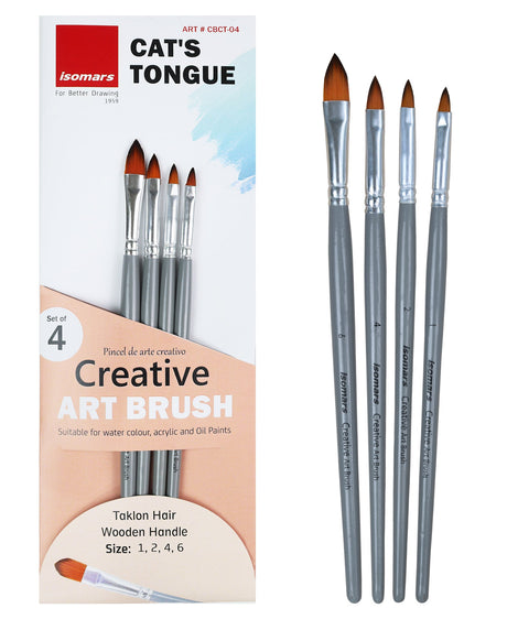 Isomars Cat’s Tongue Art Brush Set of 4 - Taklon Hair, Sizes 1, 2, 4, 6 - Isomars