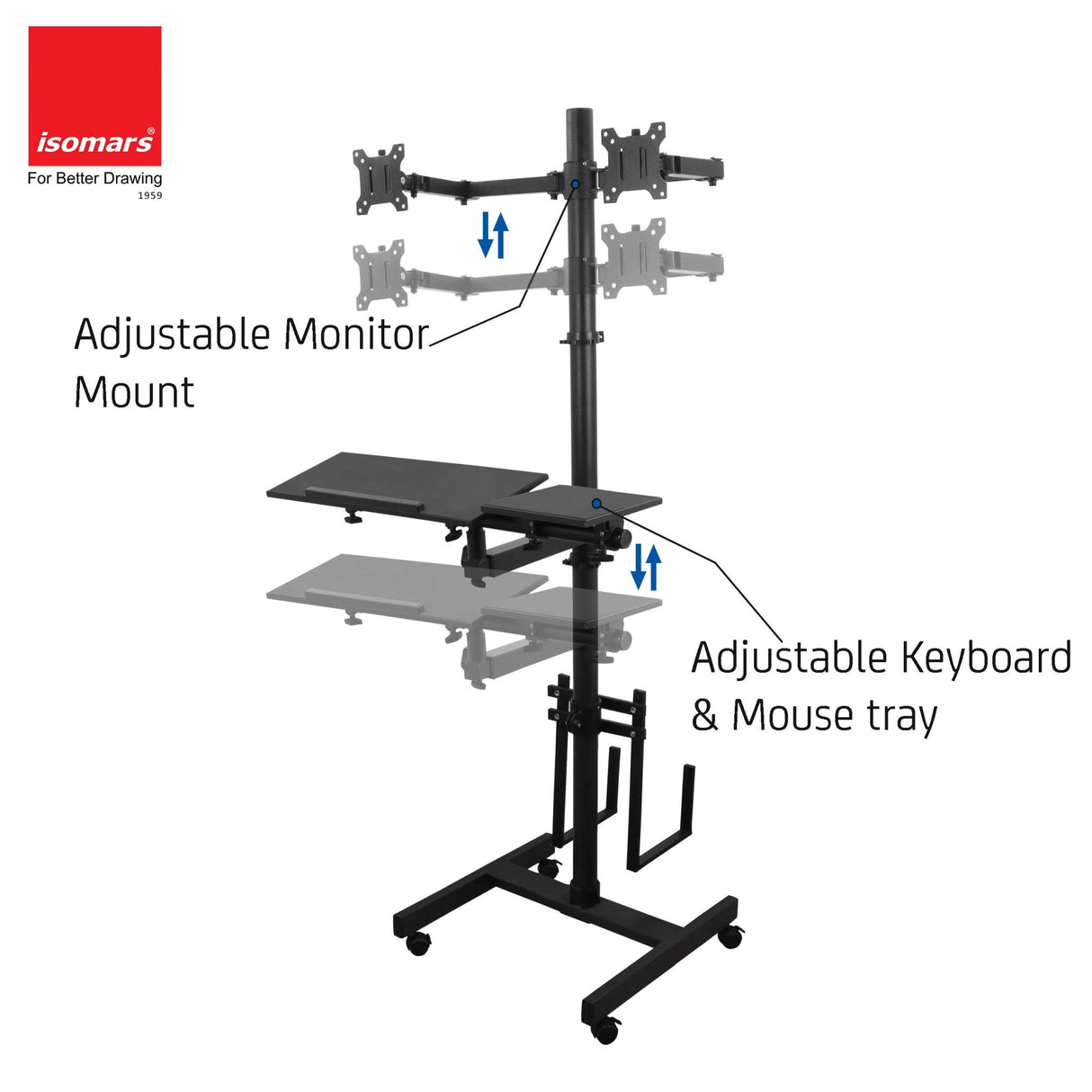 Isomars Computer Standing Desktop Workstation with Dual Monitor Mount Adjustable Height with Keyboard & Mouse Tray Space for CPU Holder, Sit Stand Table comes with Wheel for easy to move - Isomars