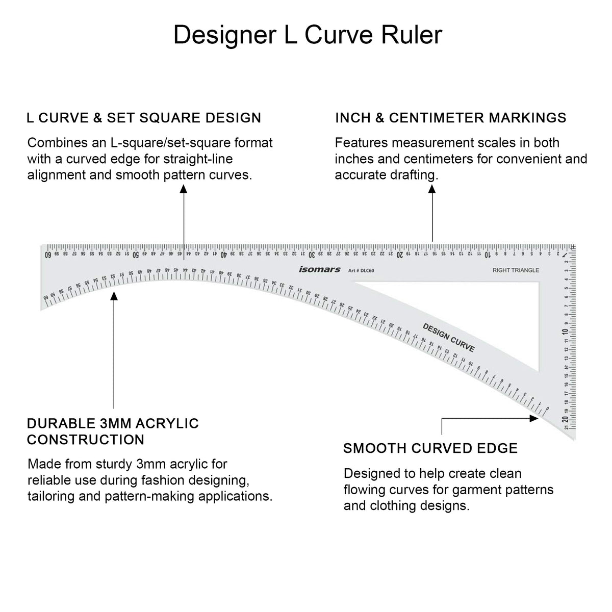 Isomars Designer L Curve Ruler 600 x 210 mm | Set Square, Inch & CM - Isomars