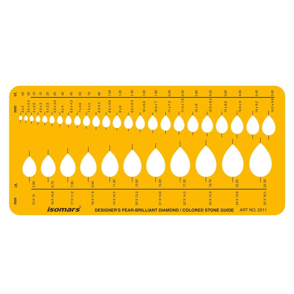Isomars Designer's Pear Brilliant Diamond & Colored Stone Guide Template No. 2011 | Jewelry Design Stencil for Pear Cut Gemstone Sketching, Ring & Ornament Drafting | Transparent Plastic - Isomars