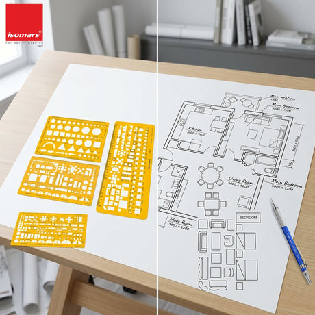 Isomars Designing Templates Combo Set of 11 | Architectural, Engineering & Interior Design Drafting Templates with Broad Scale Ruler for Technical Drawing, CAD Sketching & Planning - Isomars
