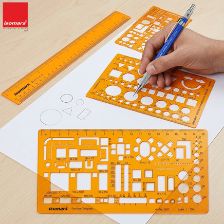 Isomars Designing Templates Combo Set of 8 | Engineering, Architecture & Interior Design Drafting Stencil Kit with General Purpose Template, Furniture, Electrical & Geometric Templates for Drawing & Drafting - Isomars