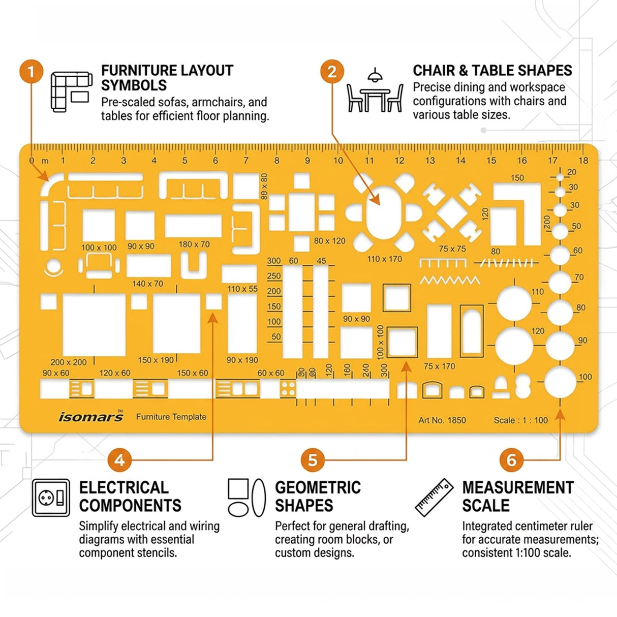 Isomars Designing Templates Combo Set of 8 | Engineering, Architecture & Interior Design Drafting Stencil Kit with General Purpose Template, Furniture, Electrical & Geometric Templates for Drawing & Drafting - Isomars