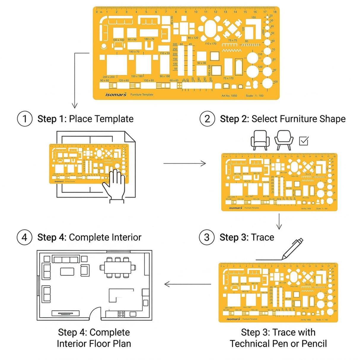 Isomars Designing Templates Combo Set of 8 | Engineering, Architecture & Interior Design Drafting Stencil Kit with General Purpose Template, Furniture, Electrical & Geometric Templates for Drawing & Drafting - Isomars