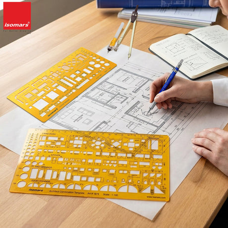 Isomars Designing Templates Combo Set of 8 | Engineering, Architecture & Interior Design Drafting Stencil Kit with General Purpose Template, Furniture, Electrical & Geometric Templates for Drawing & Drafting - Isomars