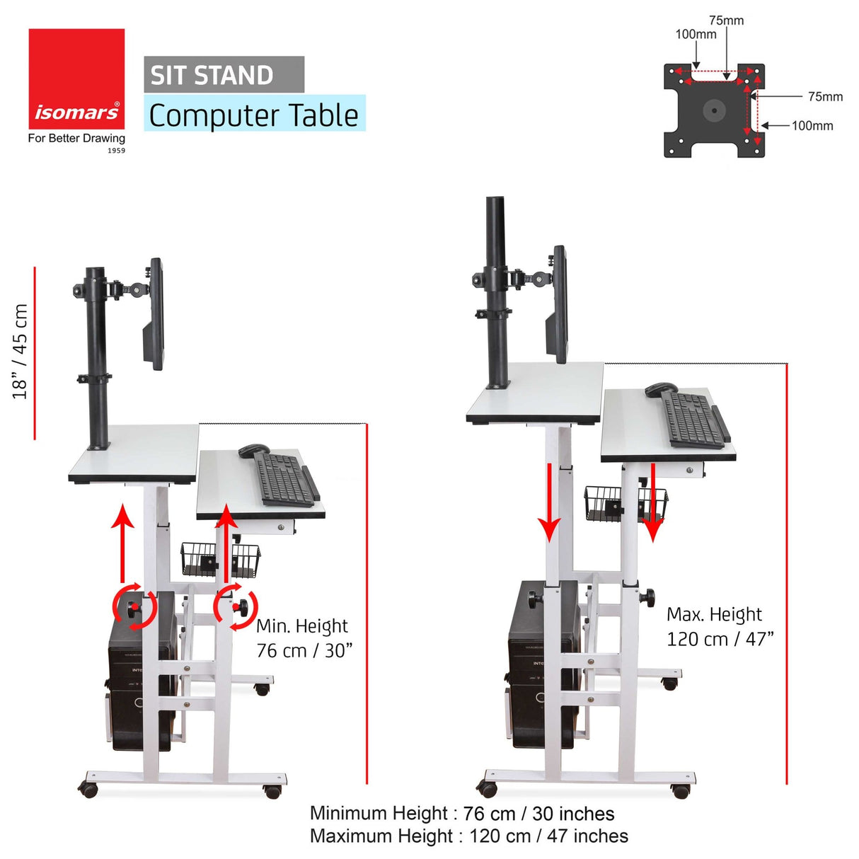 Isomars Desktop & Laptop Multipurpose Table and Adjustable Height & angles, Computer Workstation, Monitor Arm Pipe - Useful for Using Gadgets Like Desktop, Laptop Made In India (WHITE) - Isomars